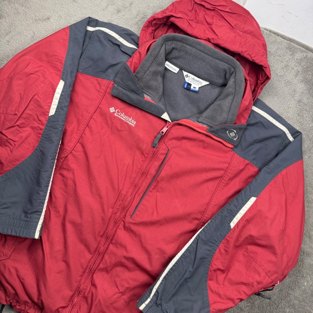 Columbia Interchange Jacket Mens L Red Gray Good Vintage Hooded Gorpcore Shell